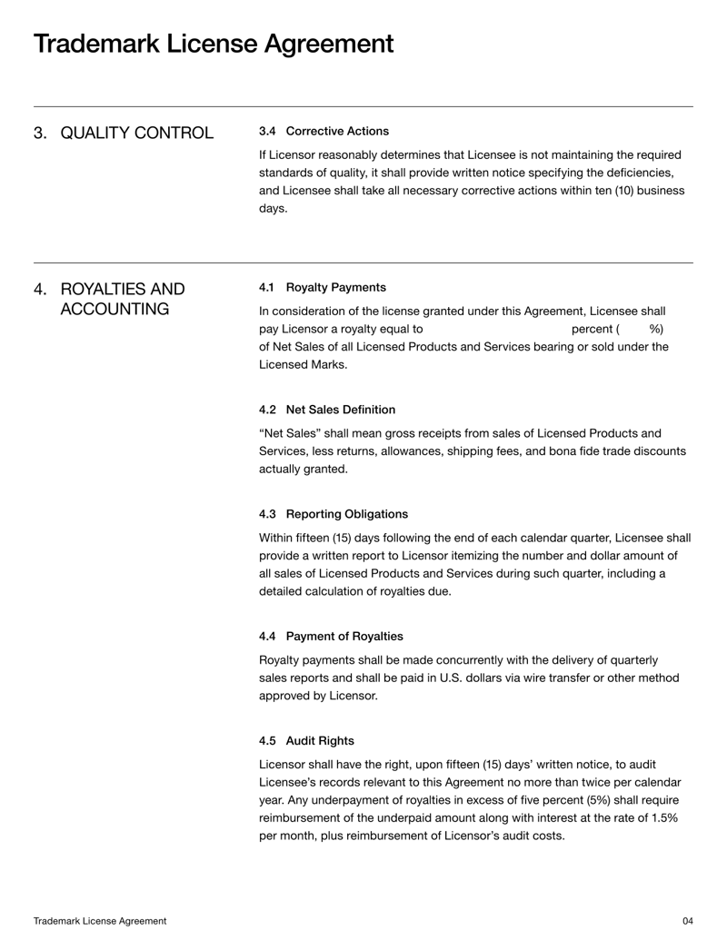 Trademark License Agreement for granting rights to use a brand name or logo under defined terms