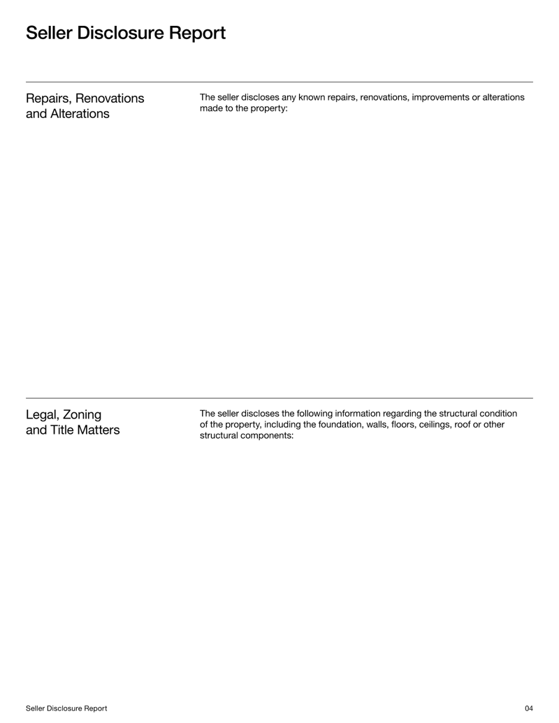 Seller Disclosure Report document with narrative sections for property condition, systems, repairs, legal matters and seller declaration