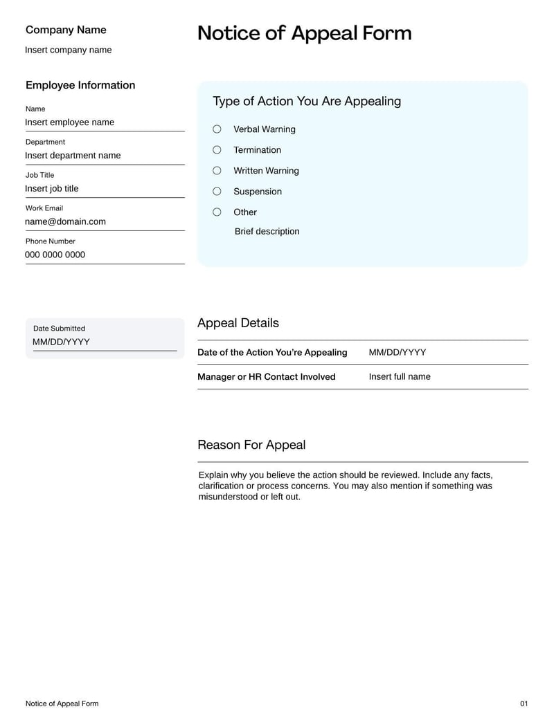 Notice of Appeal Form for contesting a legal or administrative decision