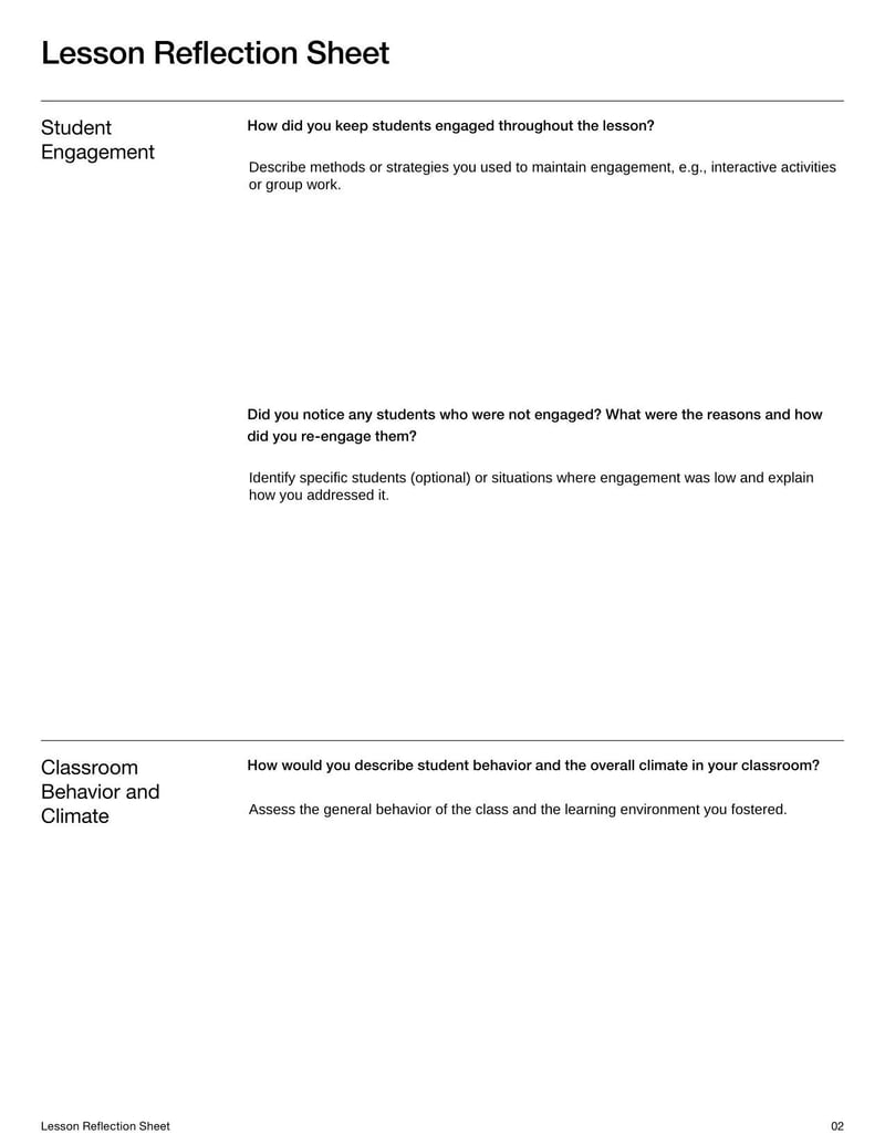 Lesson Reflection Sheet for teachers to evaluate daily lessons