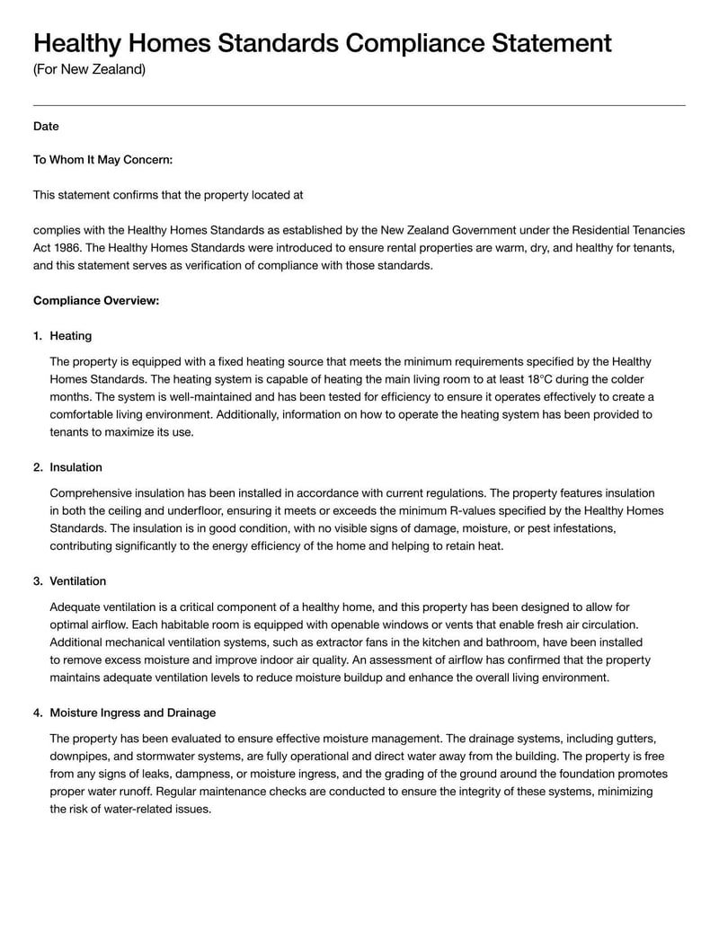 Healthy Homes Standards Compliance Statement For New Zealand for verifying that rental properties meet healthy home requirements