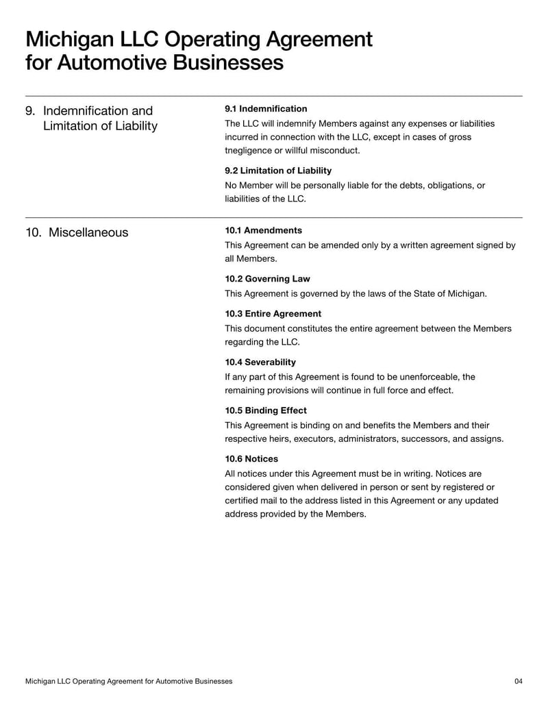 Michigan LLC Operating Agreement for Automotive Businesses outlining operations for a Michigan LLC in the automotive industry
