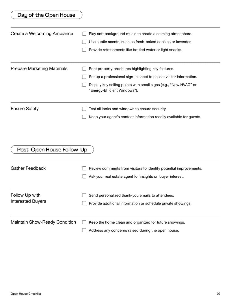 Open House Checklist for organizing and preparing a property for showings