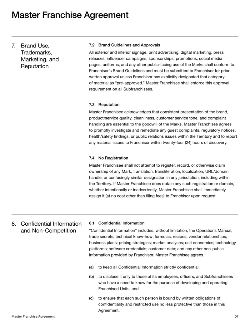 Master Franchise Agreement granting territorial and subfranchise rights with terms on fees, obligations and brand compliance