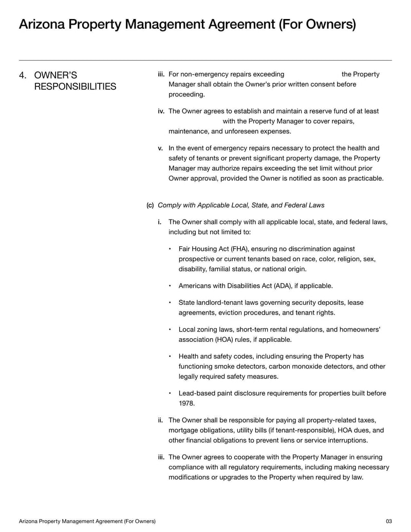 Property Management Agreement for Arizona property owners detailing terms for managing rental properties