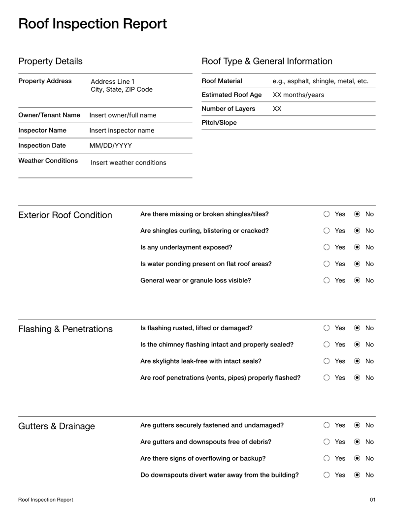 Roof Inspection Report for documenting roofing condition and structural issues