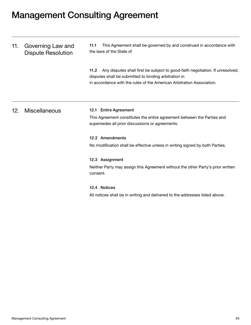 Management Consulting Agreement covering services, compensation, confidentiality, intellectual property and dispute resolution