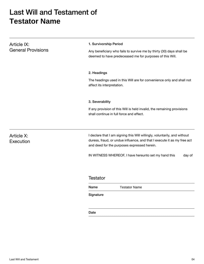Last Will and Testament for declaring asset distribution and guardianship after death