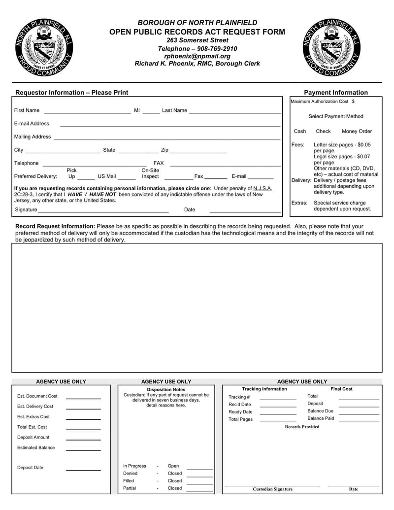 Large thumbnail of North Plainfield Open Public Records Act Request Form