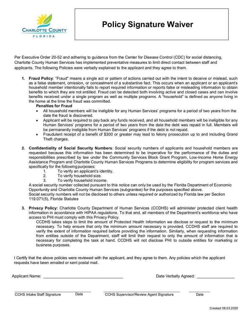 Large thumbnail of Policy Signature Waiver Form - Aug 2020