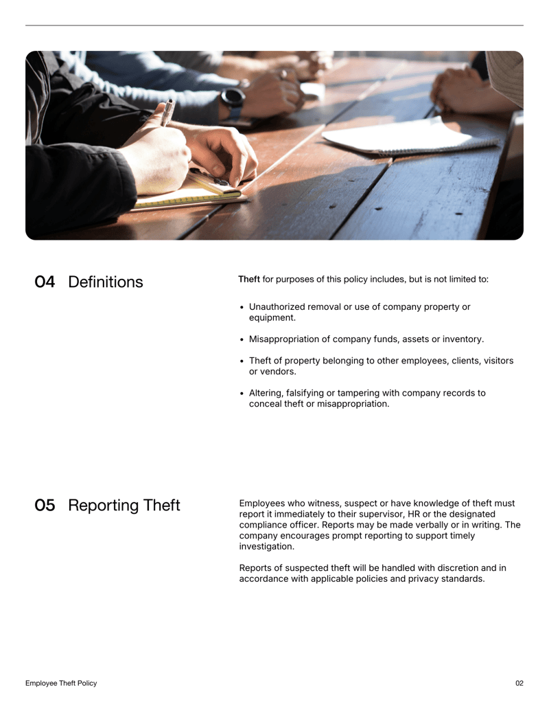 Employee Theft Policy explaining prohibited conduct, reporting procedures and investigation guidelines
