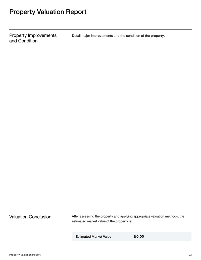 Property Valuation Report template with sections for property details, market context, valuation methods and value conclusion