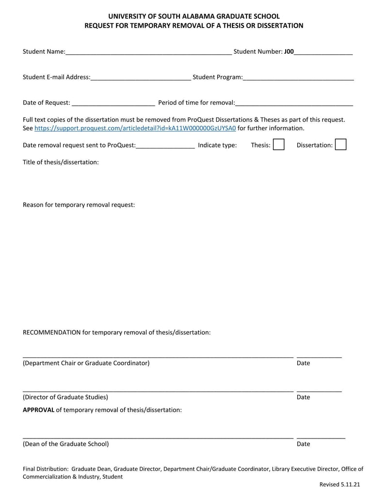 Large thumbnail of University of South Alabama Request for Temporary Removal of a Thesis or Dissertation