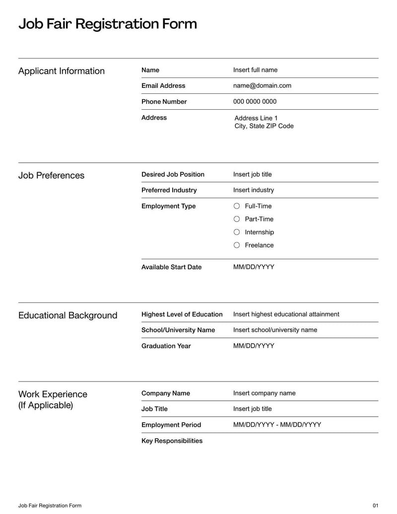 Job Fair Registration Form for signing up job seekers to participate in a hiring event