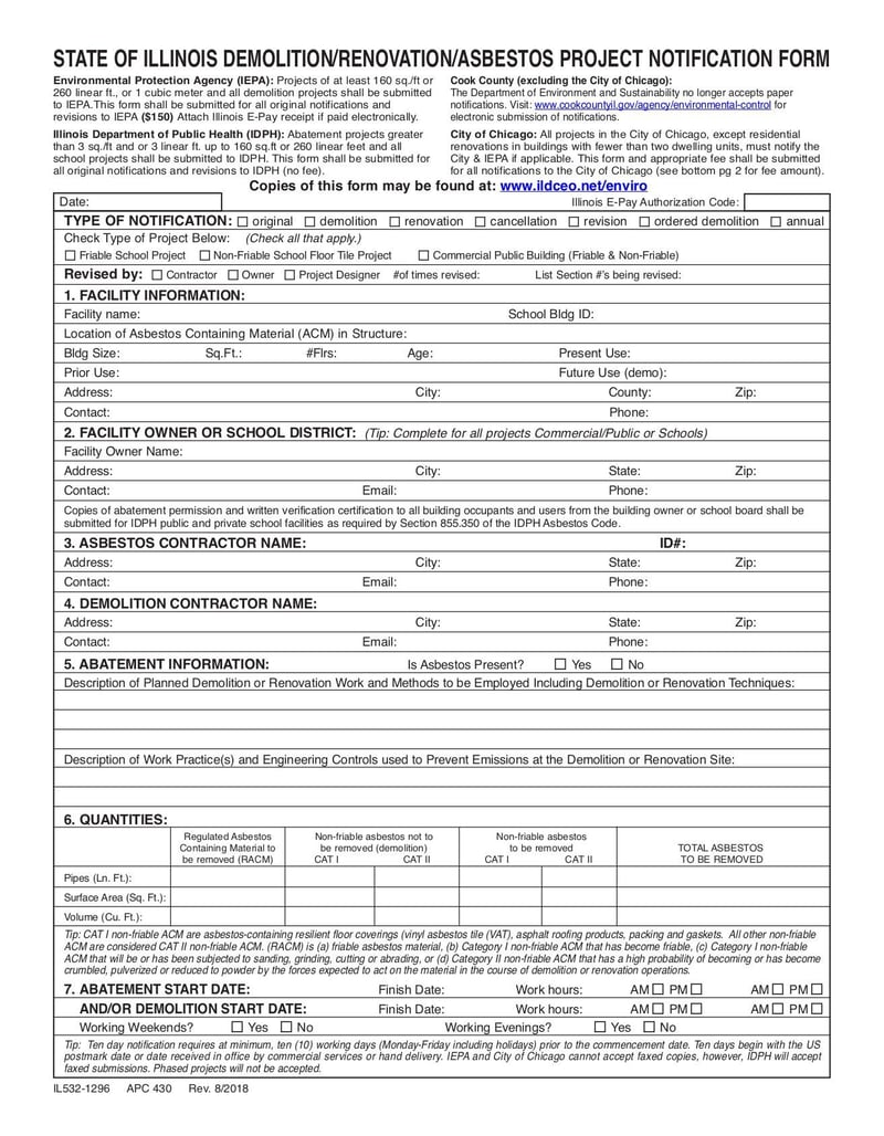 Large thumbnail of State of IlinoIs DemolitIon/Renovation/Asbestos Project NotIfIcation Form - Aug 2018