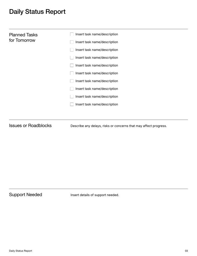 Daily Status Report with sections for completed tasks, ongoing work, planned tasks and daily notes