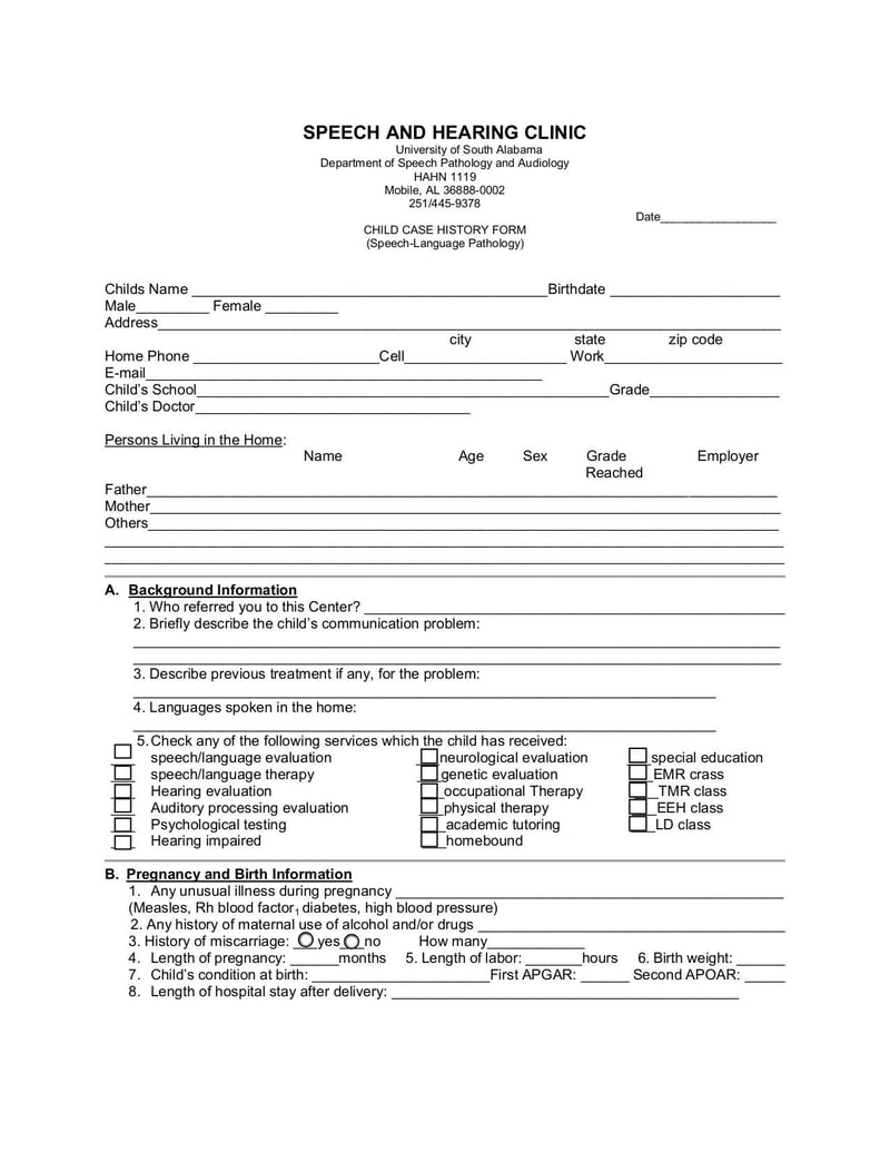 Large thumbnail of Child Case History Form (Speech-Language Pathology) - Feb 2018