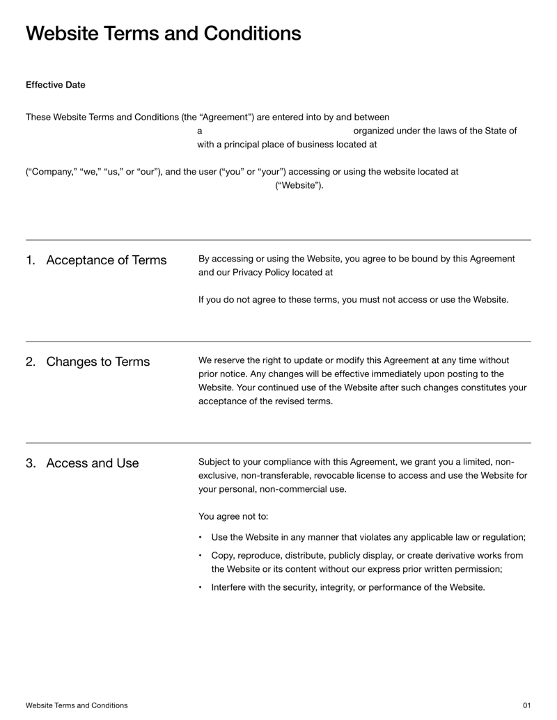 Website Terms and Conditions Template covering rules for site use, intellectual property and liability limits