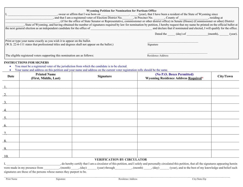 Large thumbnail of Wyoming Independent Candidate Nomination Petition