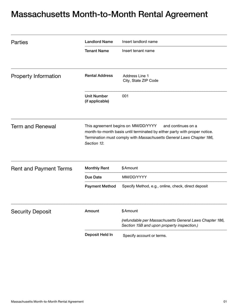 Massachusetts Month-to-Month Rental Agreement for outlining flexible lease terms, rent payments, security deposits, and termination procedures