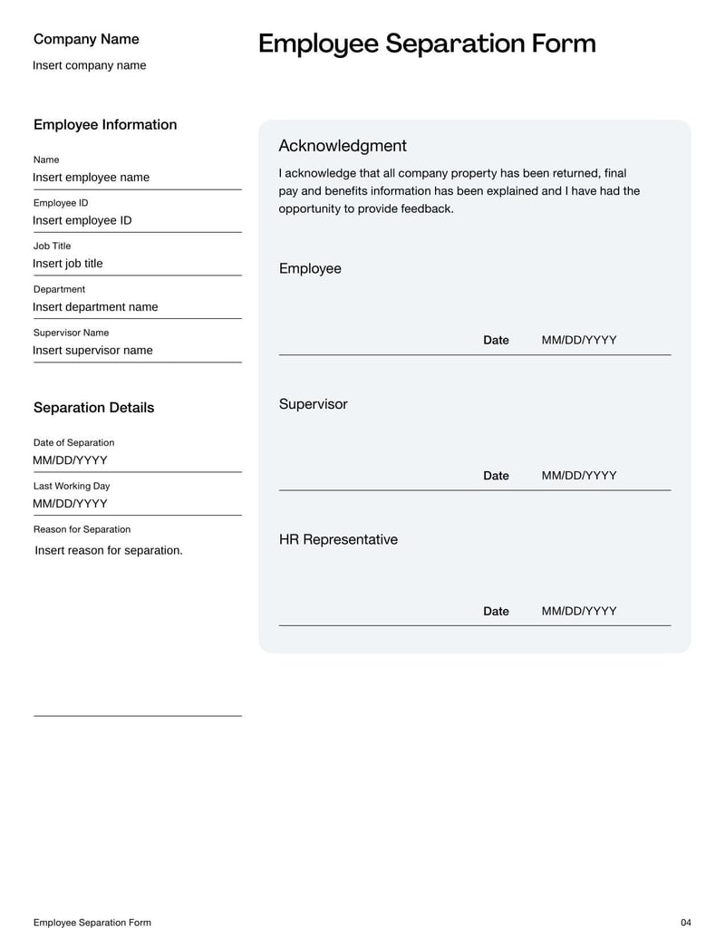 Employee Separation Form for documenting the details and reasons for an employee’s departure from a company