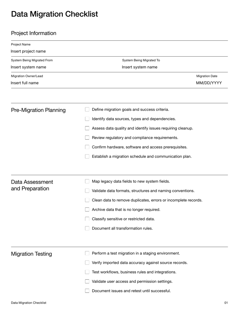 Data Migration Checklist with sections for planning, data preparation, testing, execution and final validation