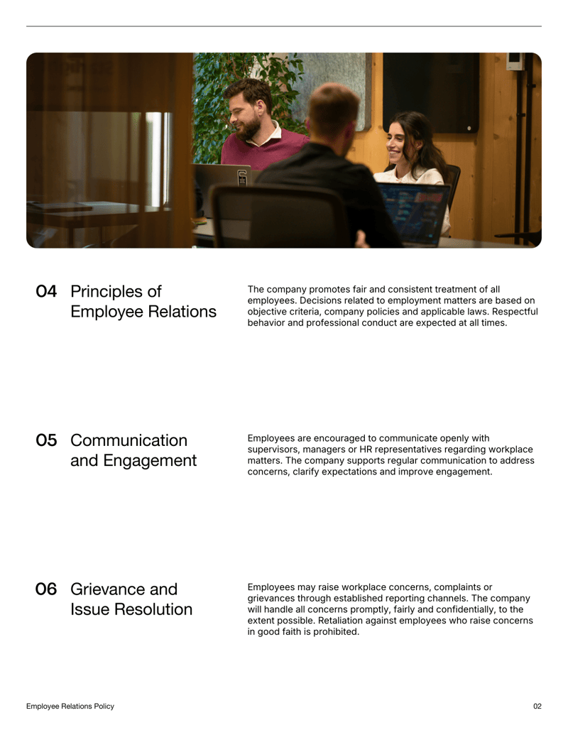 Employee Relations Policy document defining communication, grievance handling and respectful workplace standards