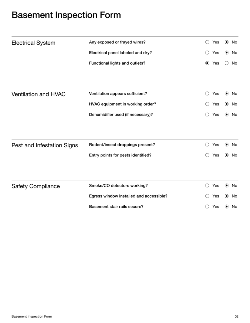 Basement Inspection Form for checking structural safety, moisture and mold in home basements