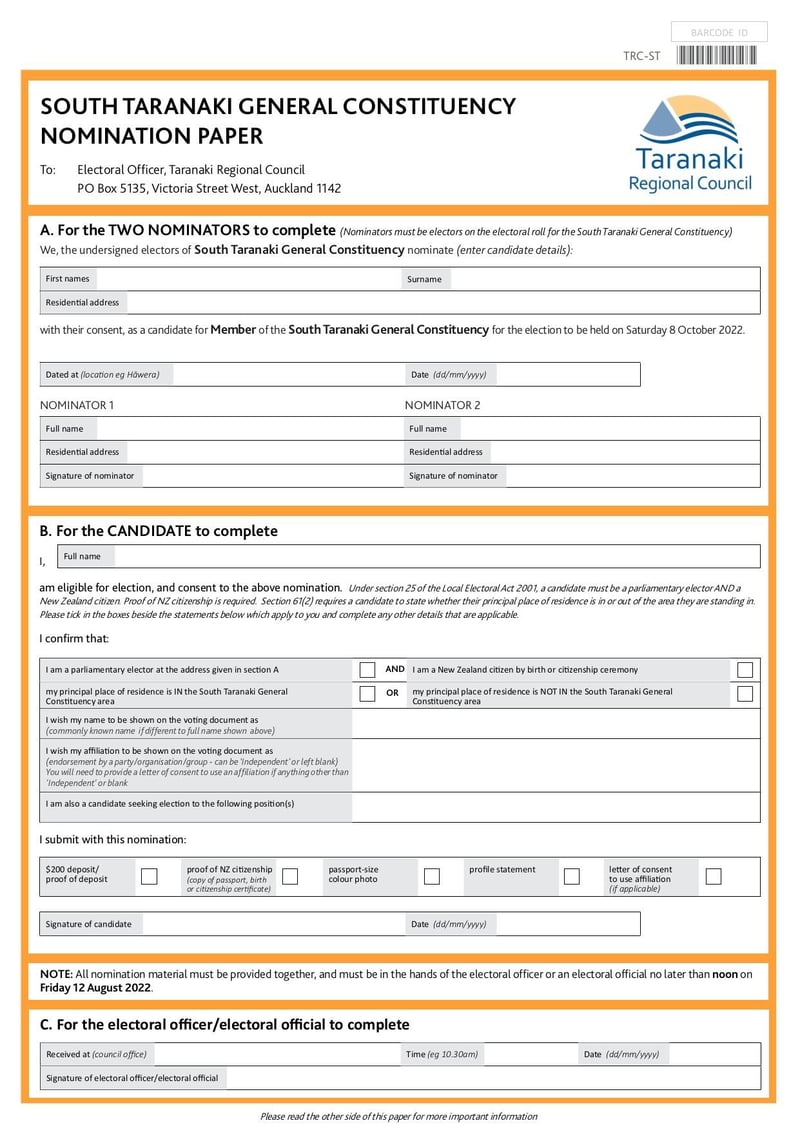 Large thumbnail of South Taranaki General Constituency Nomination Paper - Jul 2022