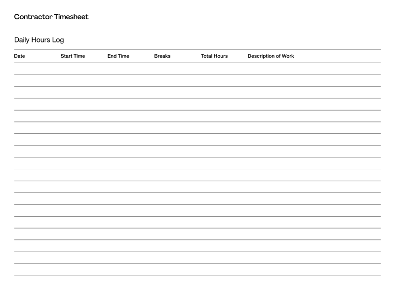 Contractor Timesheet with sections for contractor information, daily hours, tasks and supervisor approval