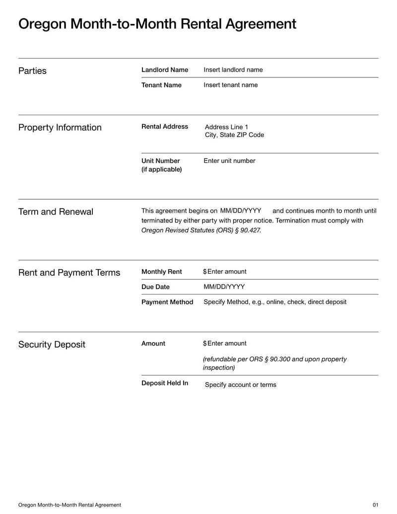 Oregon Month-to-Month Rental Agreement for outlining flexible lease terms, rent payments, security deposits, and termination procedures