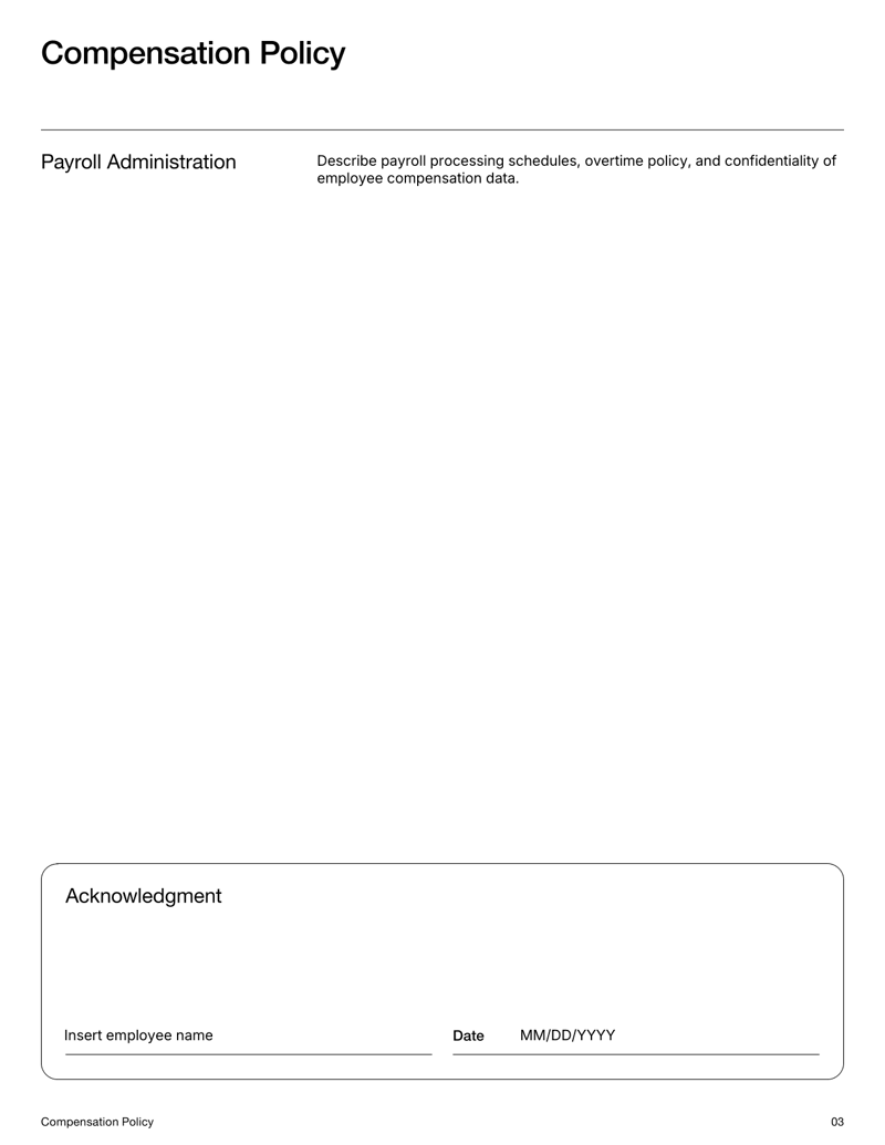 Compensation Policy Template with sections for pay structure, benefits and salary review procedures