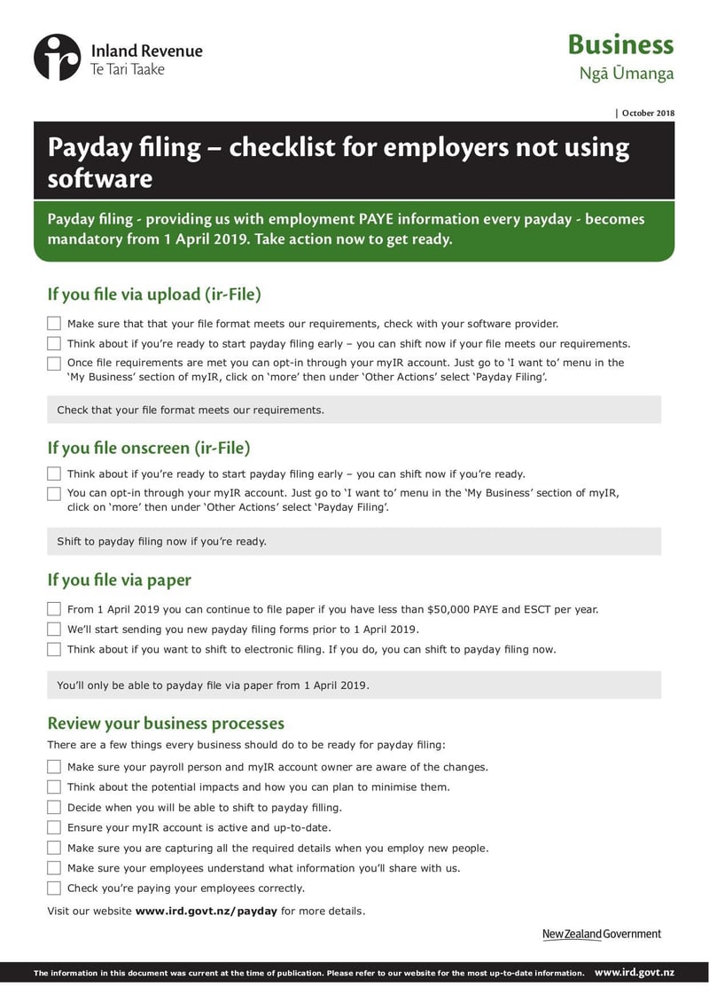 Large thumbnail of Payday Filing Checklist for Employers Not Using Software - Oct 2018