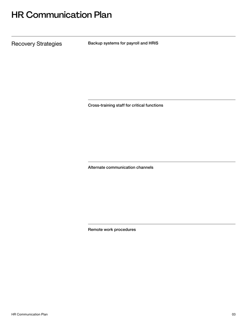 HR Business Continuity Plan template with sections for critical HR functions, risks, recovery strategies and communication protocols