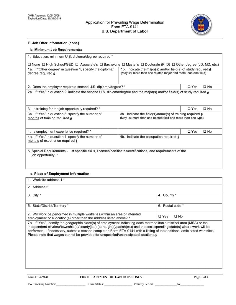 Large thumbnail of Application for Prevailing Wage Determination Form ETA-9141 - Sep 2019