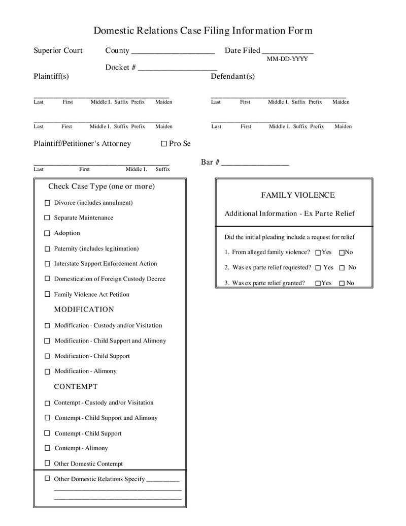 Large thumbnail of Domestic Relations Case Filing Information Form - Jun 2000