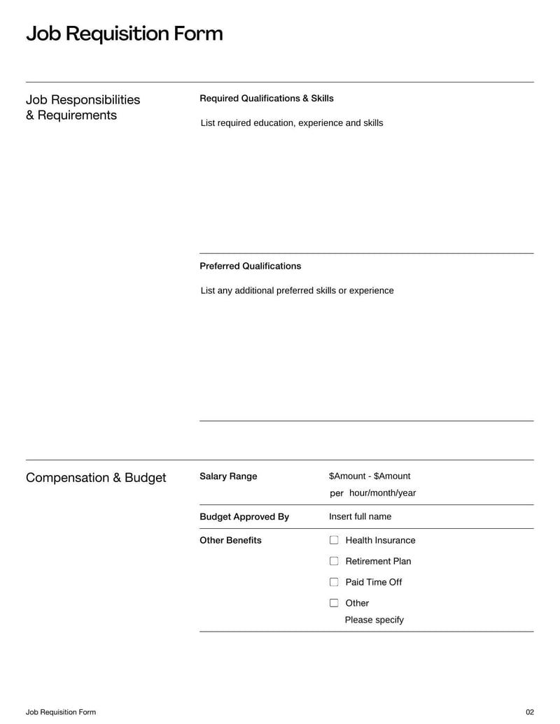 Job Requisition Template for requesting approval to open and fill a job position