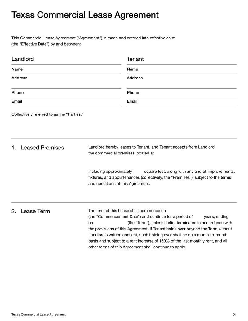 Commercial Lease Agreement Texas for detailing lease terms for renting commercial property in Texas