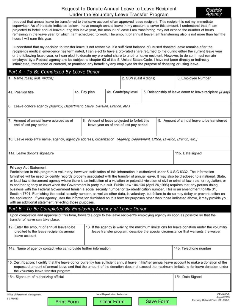 Large thumbnail of Form OPM 630-B - Aug 2013