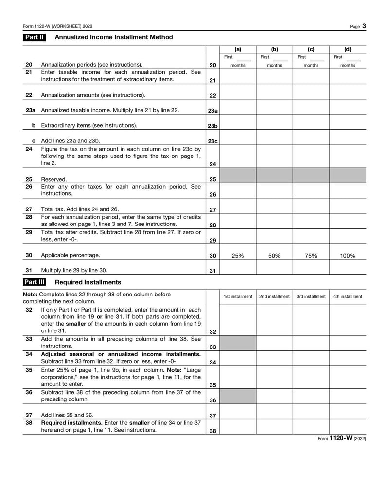 Large thumbnail of Form 1120-W (Worksheet) - Jan 2022
