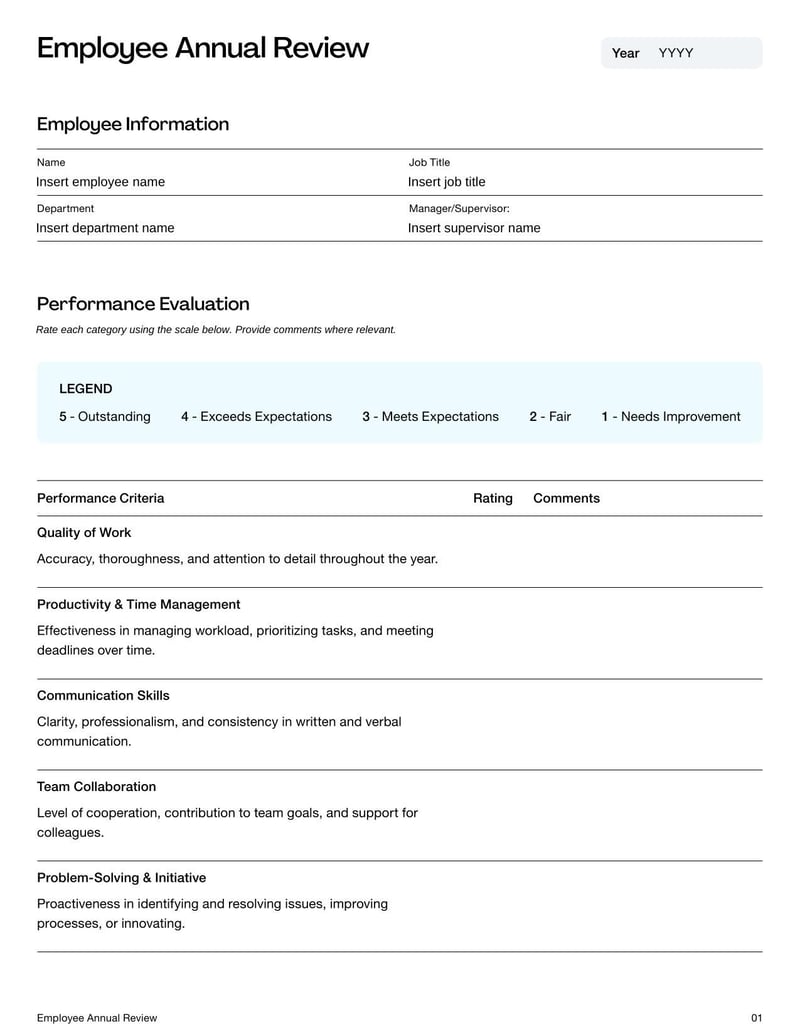 Employee Annual Review Template for documenting performance evaluations and setting future goals