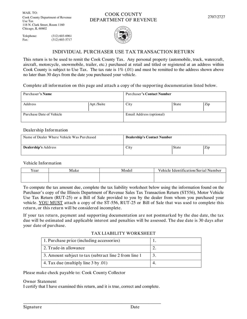 Large thumbnail of Cook County Individual Purchaser Use Tax Transaction Return