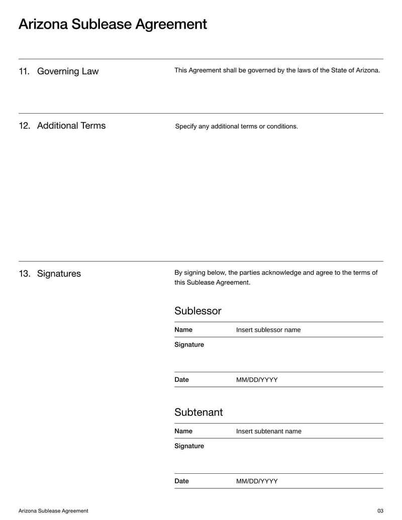 Arizona Sublease Agreement outlining terms for a tenant to sublet the rental property to another party