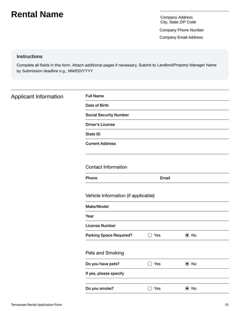Rental Application Form Tennessee for screening prospective tenants and collecting rental history details
