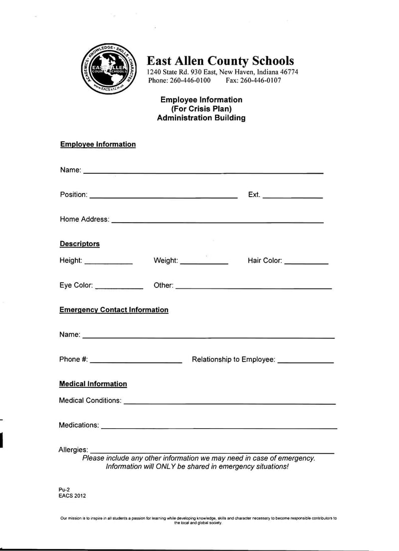 Large thumbnail of East Allen County Schools Employee Information (For Crisis Plan)