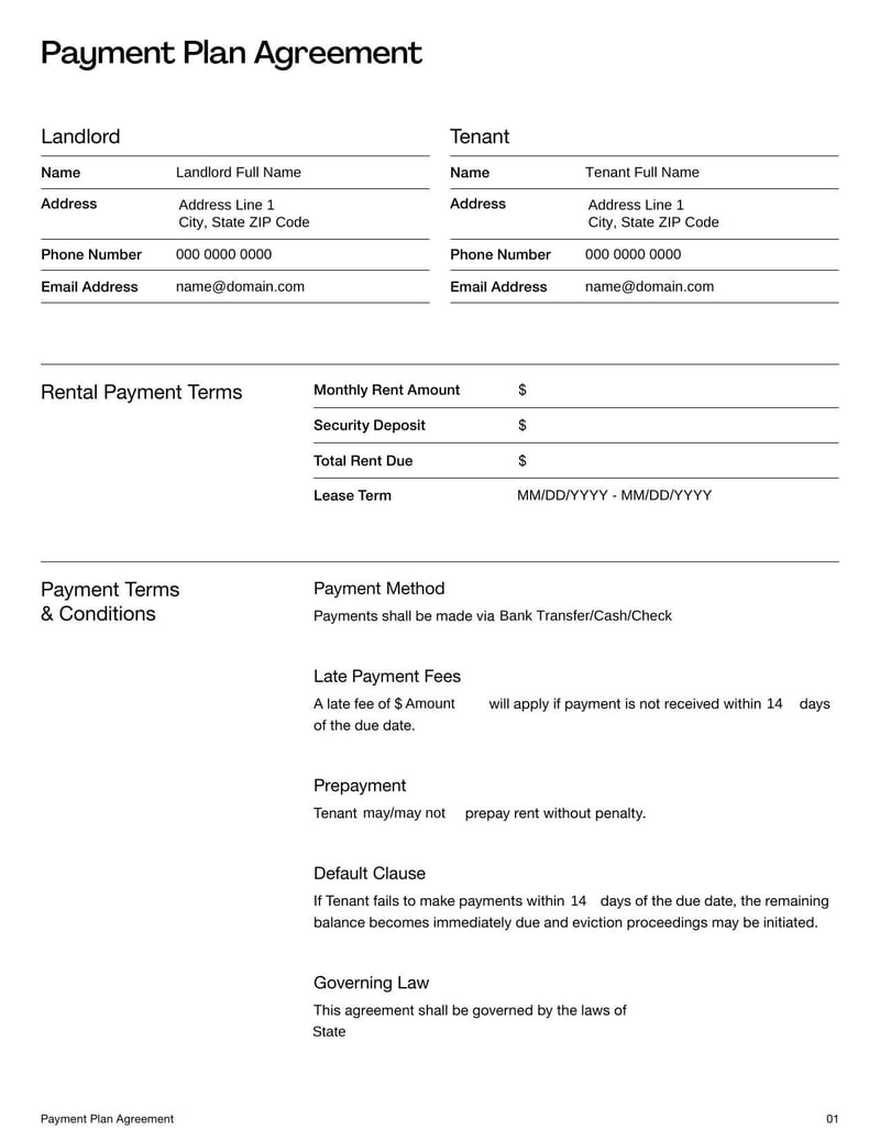 Payment Plan Agreement Template for outlining installment schedules and payment terms between parties