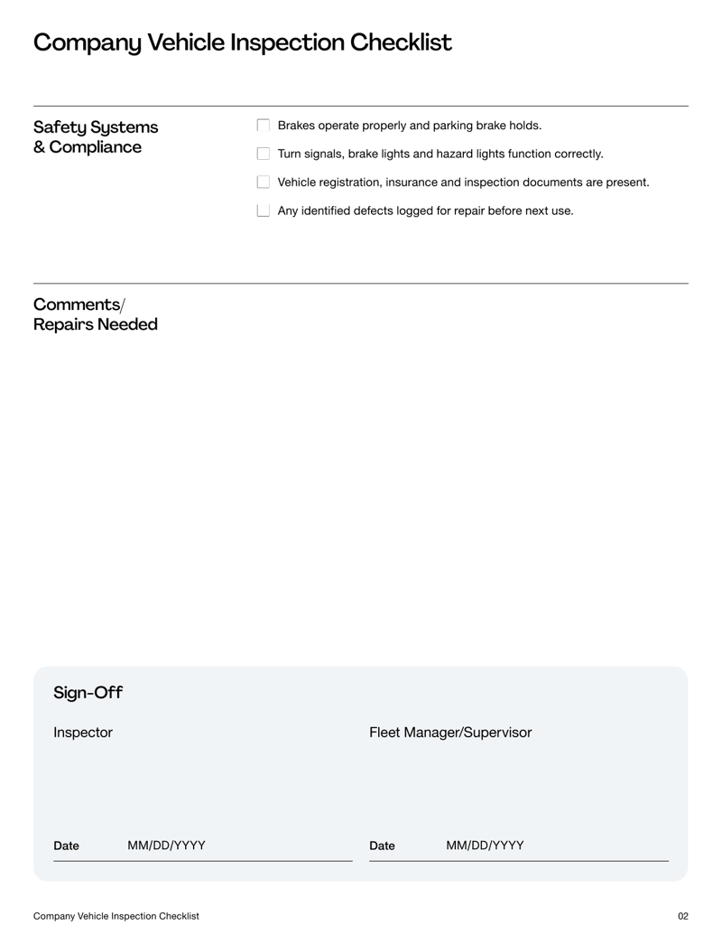 Company Vehicle Inspection Checklist form with fields for vehicle ID, inspection date, exterior, interior, engine and safety system checks and sign-off section