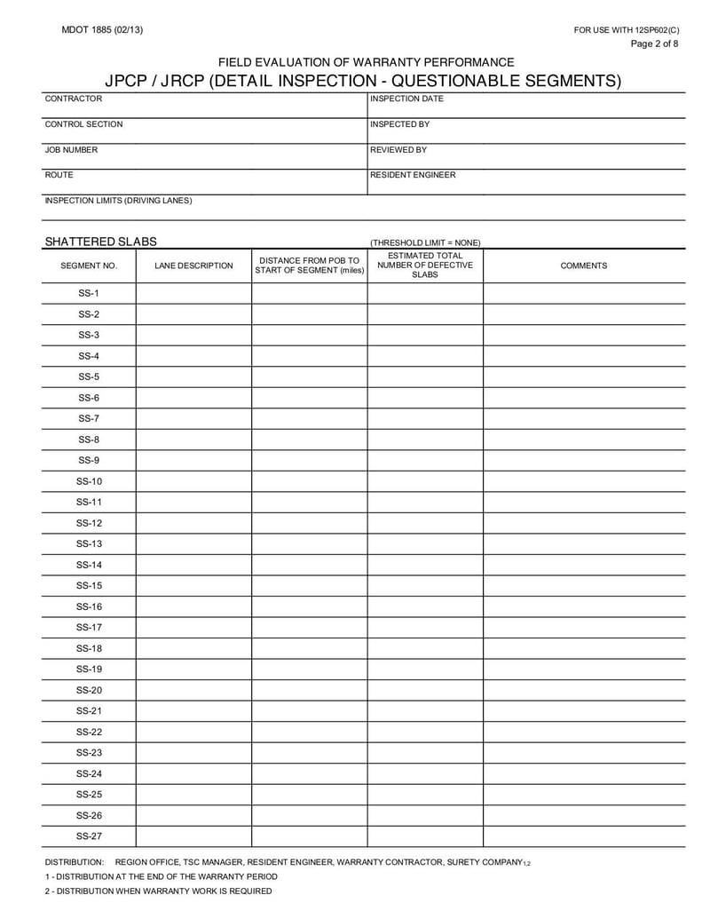 Large thumbnail of Form 1885 Field Evaluation of Warranty Performance JPCP/JRCP - Oct 2017