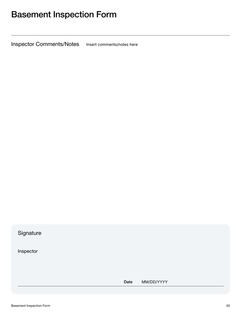 Basement Inspection Form for checking structural safety, moisture and mold in home basements