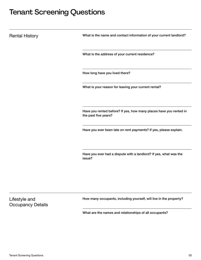 Tenant Screening Questions Template with key questions to assess a prospective tenant’s rental history, income, employment, and references